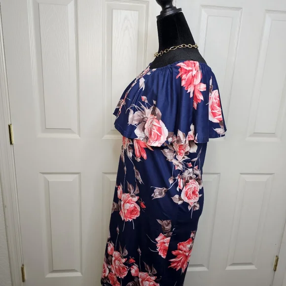 D11: Sz Xl Miss Qee Floral Off-Shoulder Navy Dress - Picture 3 of 5
